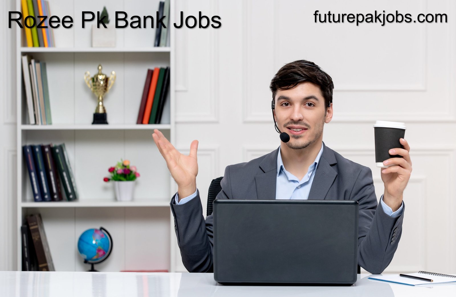 customer service cute guy grey suit with computer headset waving hands holding cup 1 scaled