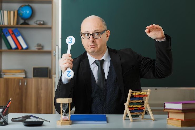 man teacher wearing glasses sitting school desk with class register front blackboard classroom holding number plates explaining lesson looking c