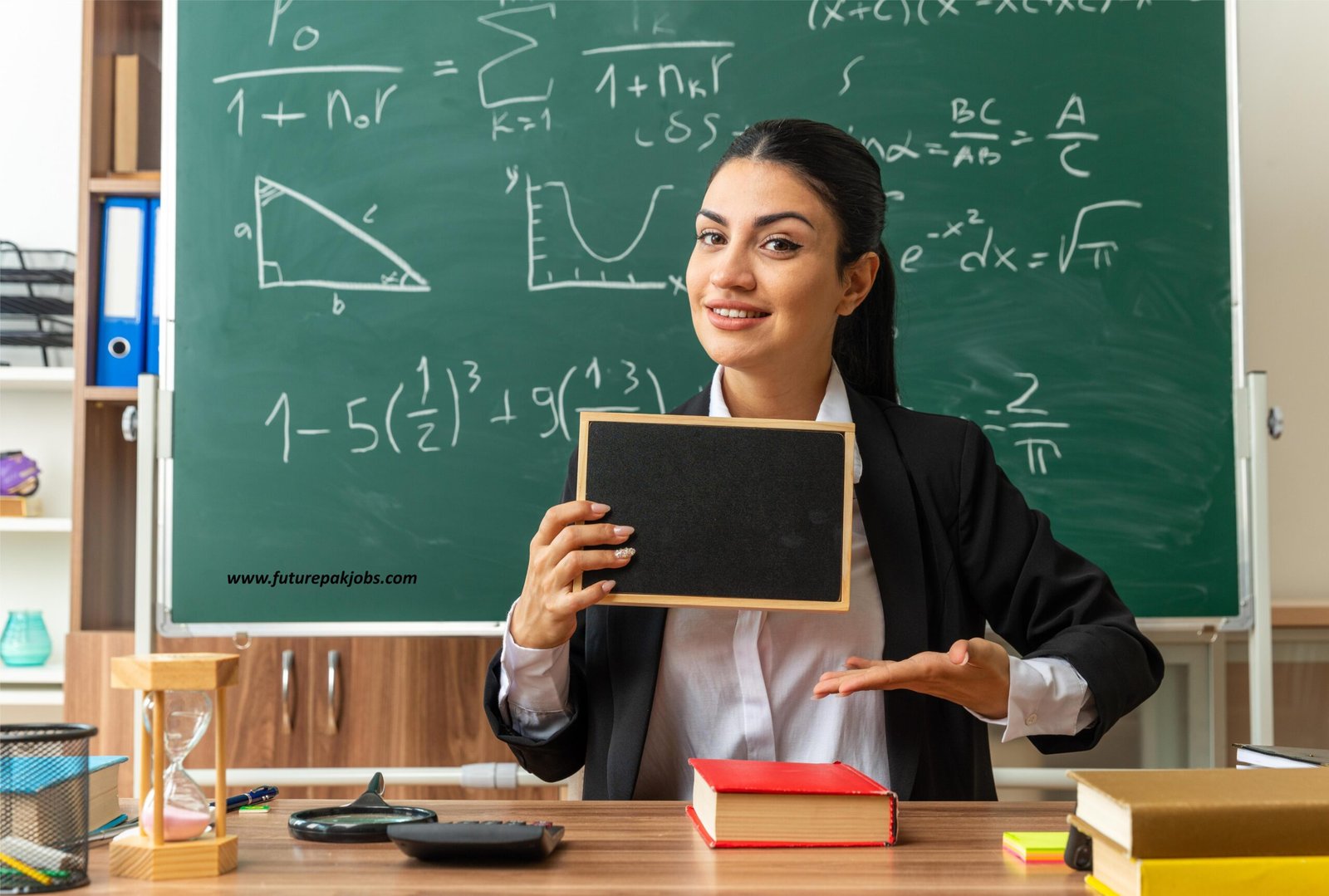 smiling young female teacher sits table with school supplies holding points mini blackboard classroom scaled
